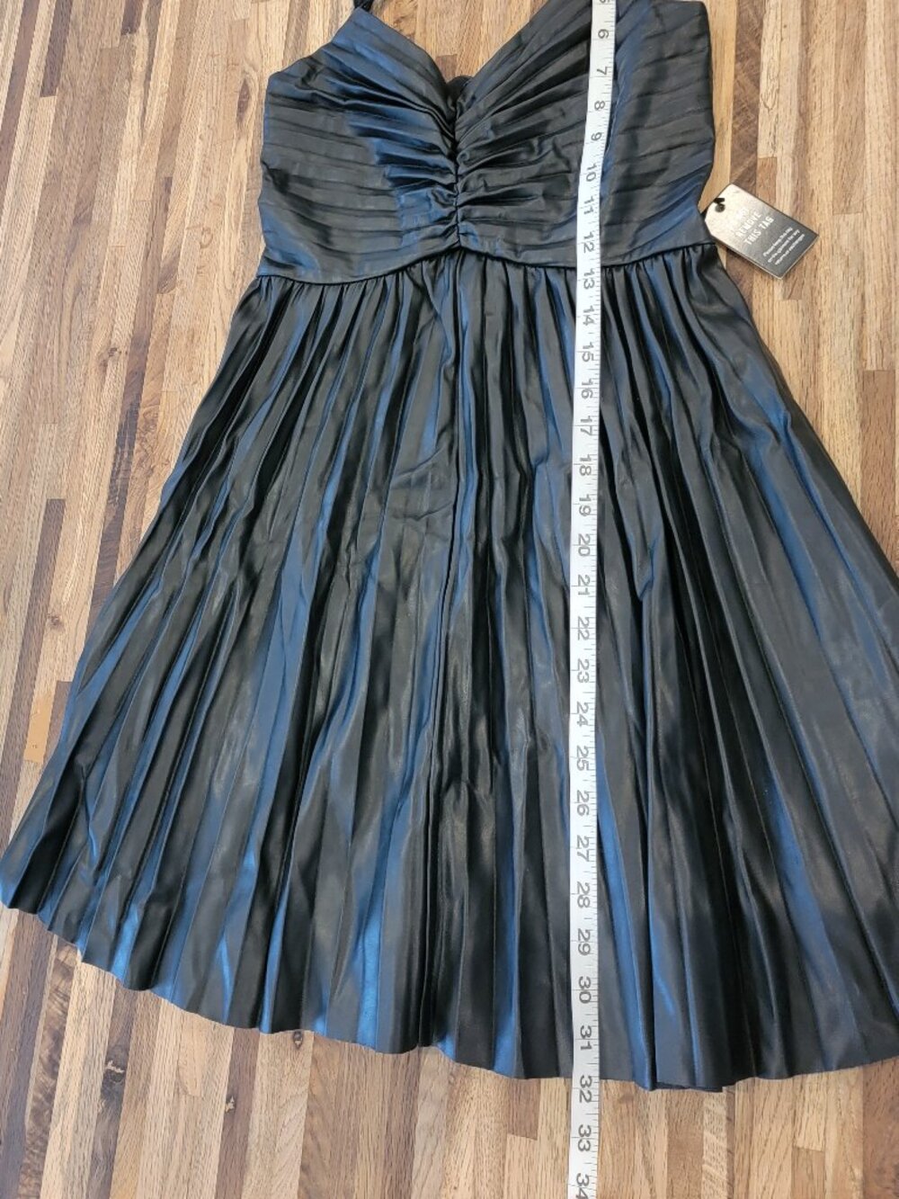 Express Faux Leather V-Neck Pleated Fit And Flare Mini Little Black Dress. - Picture 9 of 15